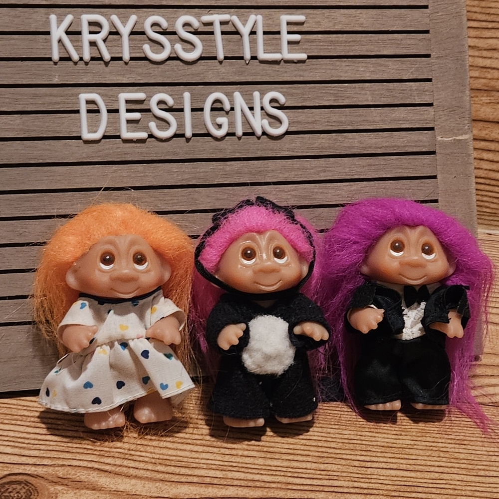 Vintage Dam Troll Dolls (3) Cat Groom Suit Heart Dress